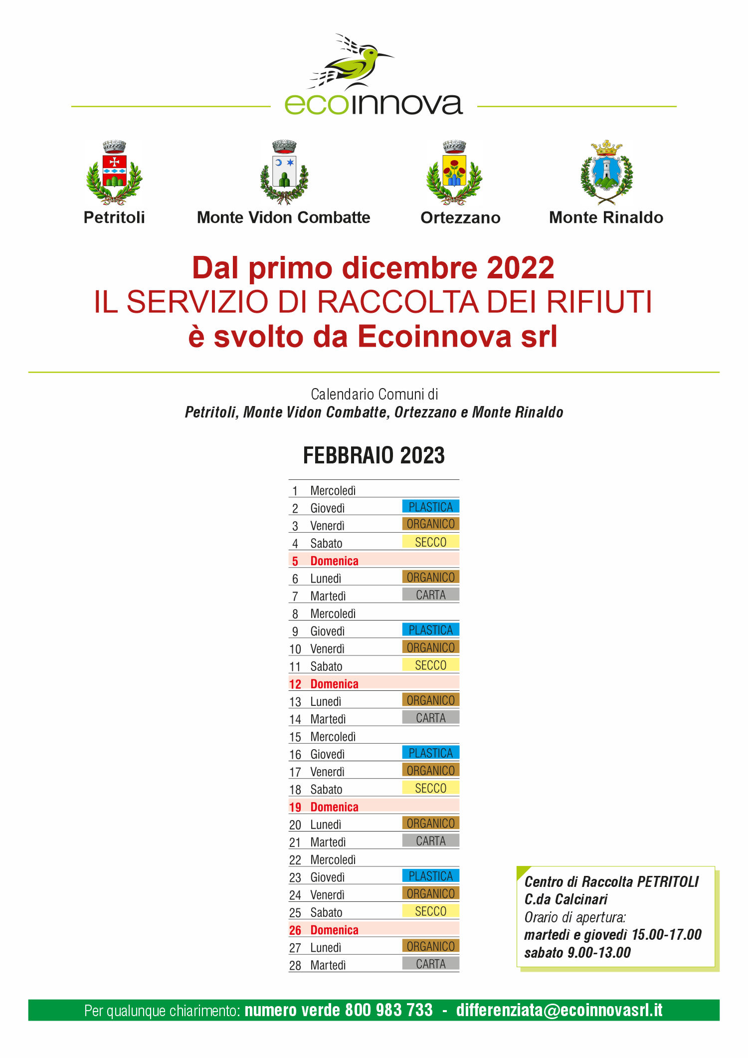 Calendario Febbraio RD Comuni di Petriolo MonteVidonCombatte Ortezzano Monte Rinaldo